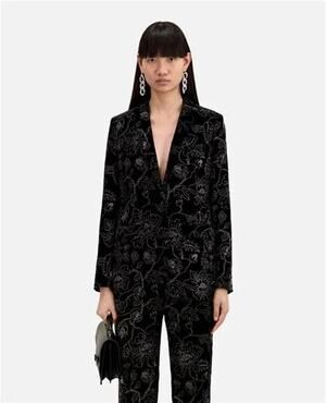 NWT Kooples Black Velvet Straight Cut Blazer with Glitter Floral Print Size 38